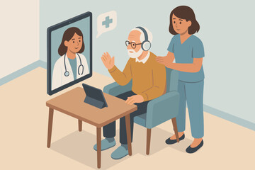 Elderly caucasian male engages in telemedicine with female doctor on tablet