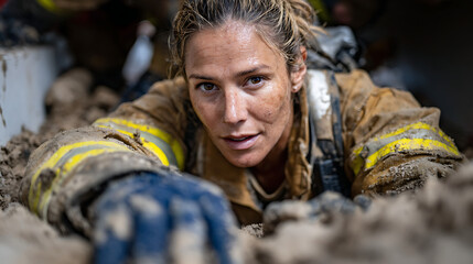 Fototapeta premium Heroic firefighter rescues victims in urban fire scene emergency response action shot close-up courageous spirit