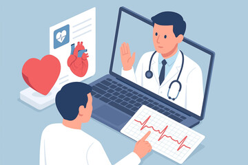 Male doctor conducting telemedicine heart consultation with male patient over video call