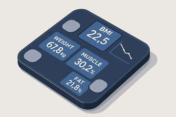 Modern digital body scale displaying bmi, weight, muscle, fat metrics
