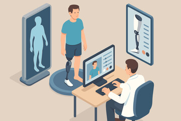 Young caucasian male in prosthetics consultation with doctor and digital imaging