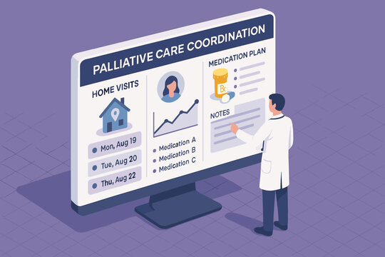 Male doctor reviewing palliative care coordination on digital screen