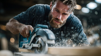 Woodworking action carpenter in workshop hand tools indoor environment close-up view craftsmanship concept