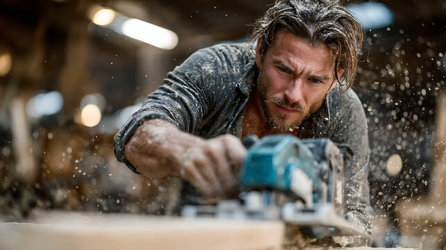 Crafting excellence woodworking artisan in workshop sawing precision industrial environment focused perspective