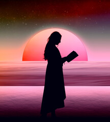 Una joven mujer leyendo un libro en la playa bajo la luz de la Luna.