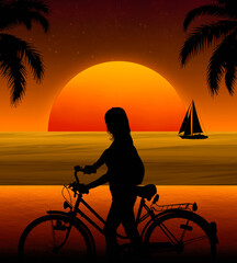 Chica ciclista paseando por la playa en el atardecer
