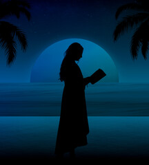 Una joven mujer leyendo un libro en la playa bajo la luz de la Luna.