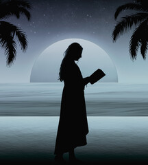 Una joven mujer leyendo un libro en la playa bajo la luz de la Luna.