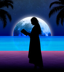 Una joven Monja leyendo la biblia a las orillas del mar a la Luz de la Luna.