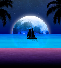 Toma de una playa tranquila y relajante mientras es de noche, mientras un velero posa frente la Luna © Omar