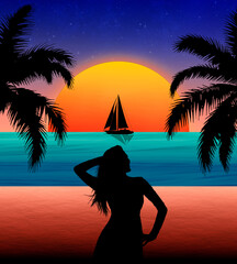 Mujer contemplando el amanecer en las orillas del mar