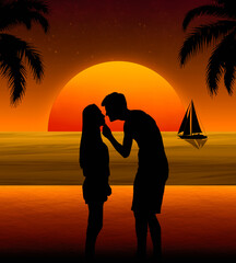 Una pareja de enamorados disfrutando el atardecer en la playa mientras demuestran su amor