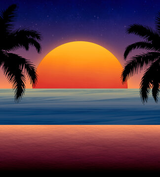 Toma de una playa tranquila y relajante mientras cae el Sol, provocando un bello atardecer tropical.