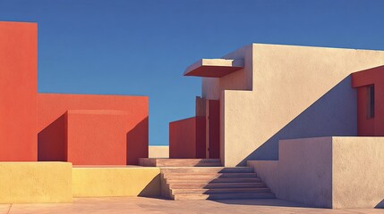 A sun-drenched architectural scene features stark, geometric buildings in muted red, beige, and yellow hues, casting long shadows against a clear blue sky.  Steps lead to a central entrance