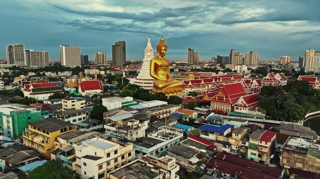 Aerial view of giant Buddha statue in Wat Paknam Phasi Charoen in Bangkok, Thailand.