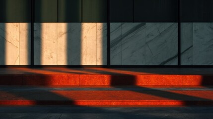 Sunlight casts vertical shadows on a reddish-brown staircase and marble-paneled wall, creating a striking contrast of textures and light. The deep shadows accentuate the architectural lines