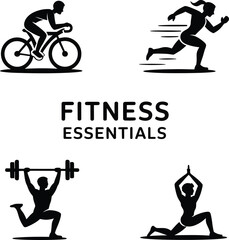 Athletic fitness and sports vector silhouette icons Black silhouettes of people cycling running weightlifting and doing yoga exercise poses set