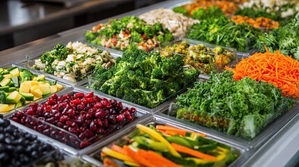 A stainless steel salad bar brimming with colorful, fresh vegetables and fruits, including broccoli, kale, carrots, cranberries, and more, neatly arranged in clear containers