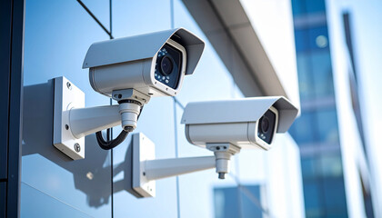 Surveillance Cameras: Two high-definition surveillance cameras are mounted on the exterior of a modern building, offering a clear and watchful view. The scene is clean and professional.