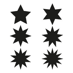 Sharp star symbols. Silhouette shape set. Vector spiky elements. Abstract black forms.