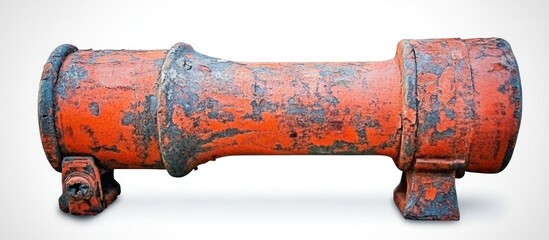 Weathered iron pipe section resting on supports, aged industrial component