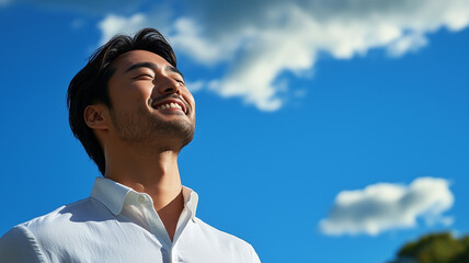 Happy Young Man Looking Up to Sky.
