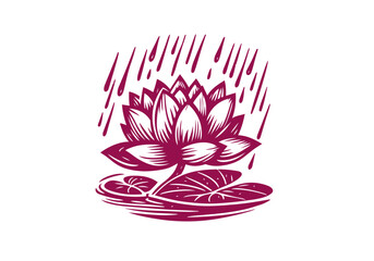 Lotus Flower Hand Drawn Natural Illustration Stylized as Linocut Vector Isolated by AZ for Books, Arts, Design and Decoration Graphic Asset