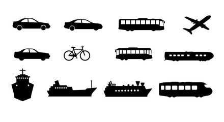 Fototapeta premium Transportation Icons Set Black Silhouettes Cars Buses Trains Ships Airplane Bicycle Graphic Design Elements