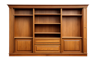 Wooden bookcase with shelves and drawers isolated on transparent background