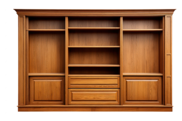 Wooden bookcase with shelves and drawers isolated on transparent background