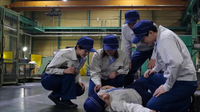 工場で倒れた作業員を救護するグループ