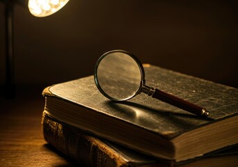 A magnifying glass resting on a stack of old books under a warm lamp light source above