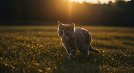 Tabby Cat Walking Through Golden Hour Grass, Illuminated by Sunset