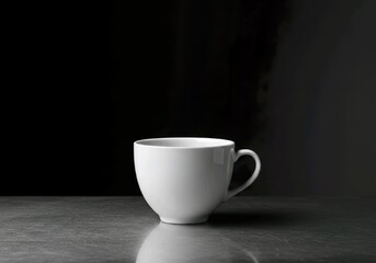 Fototapeta premium A simple white coffee cup sits on a gray surface against a dark background scene shot