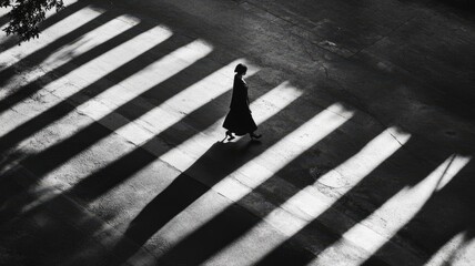 Korean Woman Walking Slowly in Black and White with Strong Shadows on a Crosswalk © Yopi