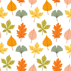 Obraz premium Simple abstract floral seamless pattern with colorful autumn leaves in orange, yellow, green, pink and blue. The leaves are arranged in rows on a white background. Hand drawn botanical leaves.