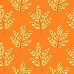 Simple abstract floral seamless pattern with colorful autumn leaves in yellow. The leaves are arranged in rows on a orange background, cozy fall vibe. Hand drawn botanical leaves.