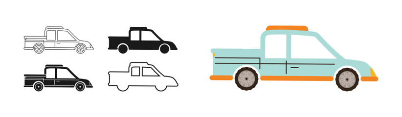 Pickup Car icon symbol cartoon set. Hand drawn cute automobile car in different styles colored silhouette, outline collection Simple children funny auto pickup truck transport icon vector illustration