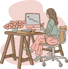 Fototapeta premium Concentration at the Desk: A focused individual is engrossed in work at a wooden desk, their attention drawn to the upward trend on the computer screen.