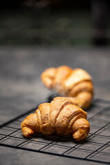 Croissants on a cooling tray with a black background
