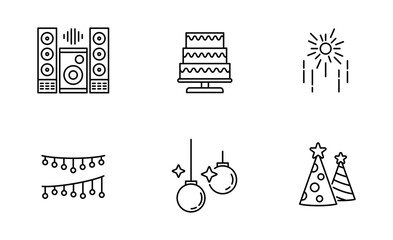 Set of Celebration icon, Loudspeaker, Birthday Cake, Light Bulb Symbol Outline icon, Editable Stroke