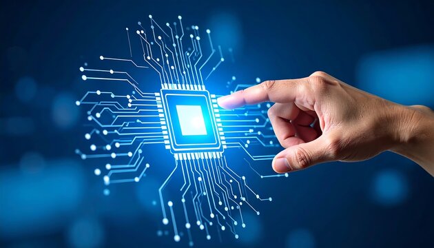 Hand Interacting with Microchip. - Powered by Adobe