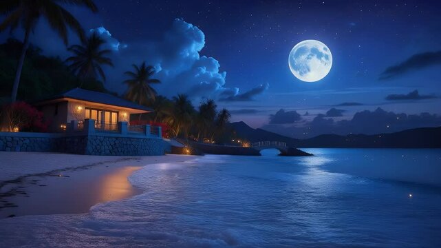 Tropical Beach House Under Full Moon