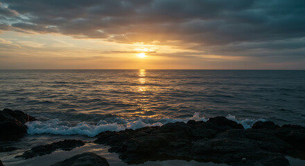 Golden Sunset Over the Ocean's Edge with Foamy Waves