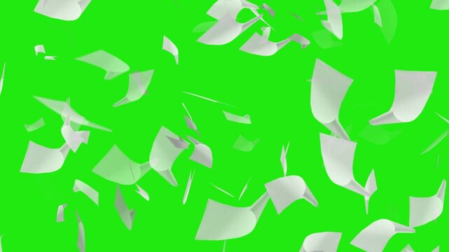 animated falling white paper sheets on green screen background, Blank white paper falling from above overlay, 
paper flying from above. Green screen background. Document paper animation.