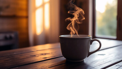 A hot steaming cup of coffee on a wooden table, view of the morning sun shining through the windows or golden hour view