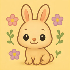 Obraz premium Niedliches Häschen mit Blumen – Frühlingshafte Kinderillustration