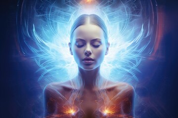 Woman meditating with closed eyes and spiritual energy glowing around her head. Self-discovery, inner peace, and mental health training for yogi lifestyle.