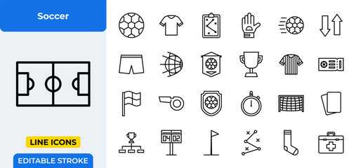 Soccer Vector Icon Set - Football field, ball, jersey, shorts, goal, whistle, flag, trophy, stopwatch, goal net, soccer player, tactical board, referee, scoreboard, soccer boot, socks, team - Editable