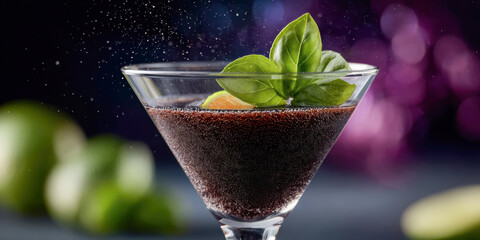 A close-up of a dark cocktail garnished with fresh basil leaves in a martini glass against a blurred purple background.